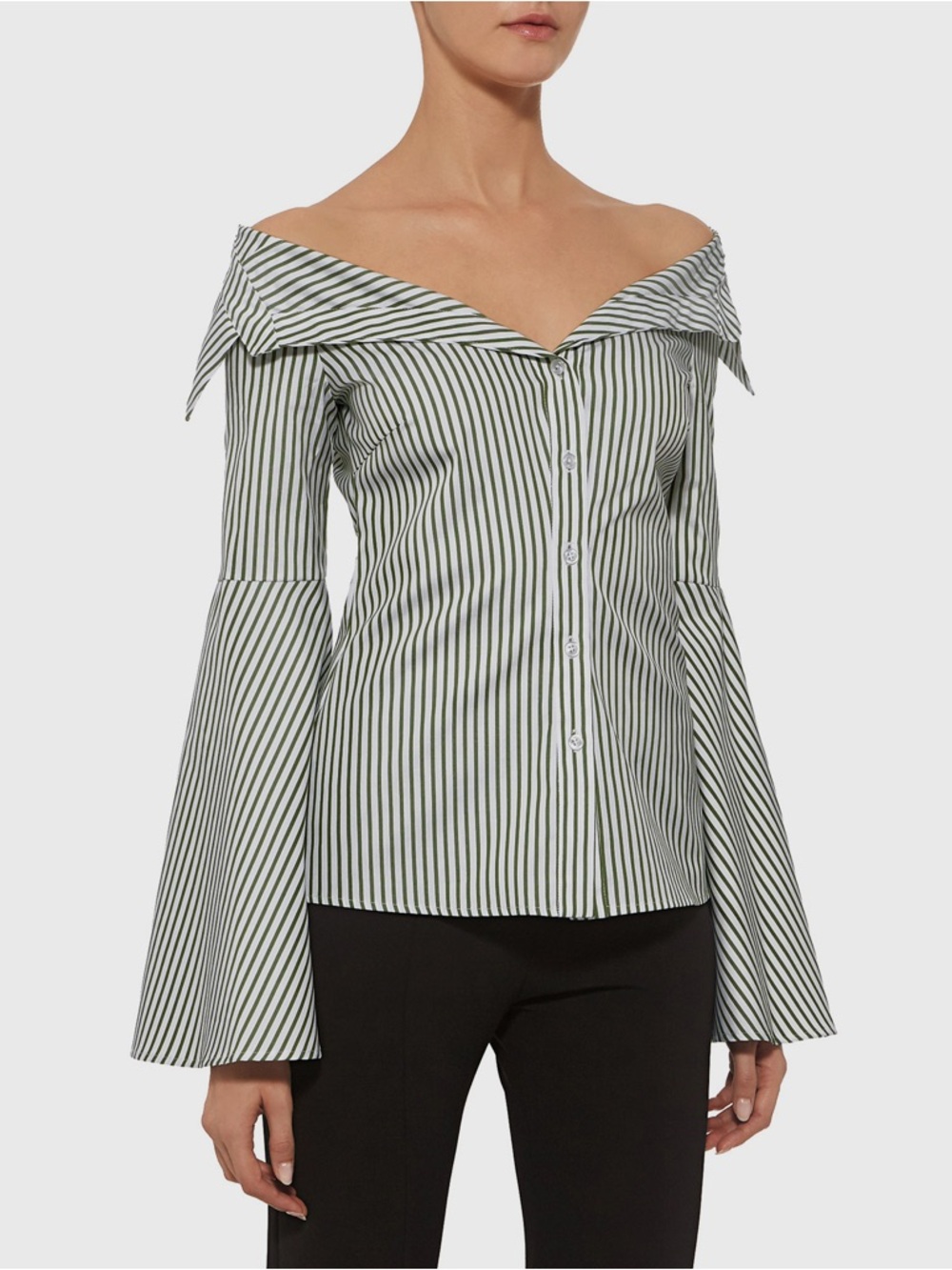 Caroline Constas White and Black Striped Bell-Sleeve Button-Up Blouse